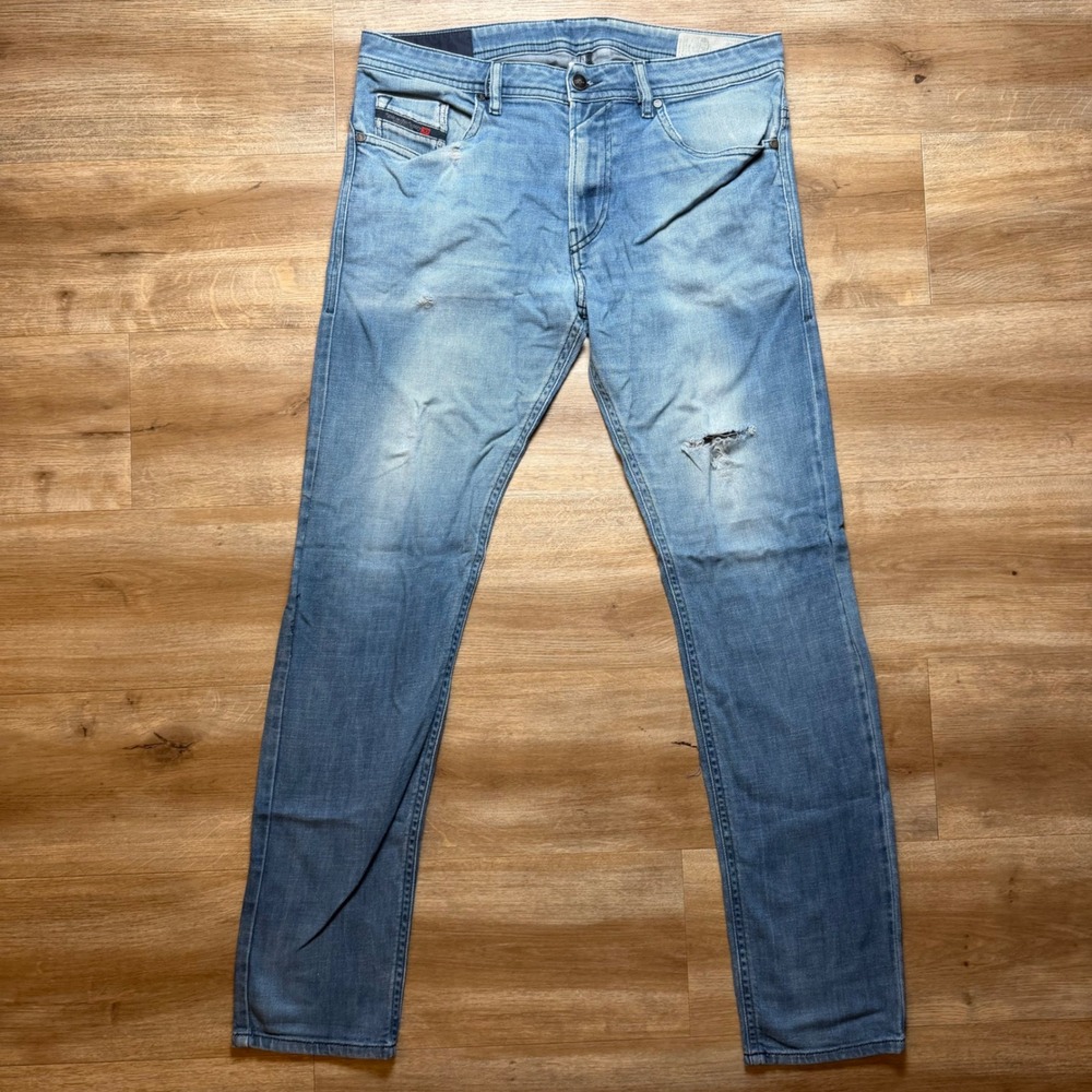 Diesel‎ Thommer Jeans Mens 34x32 Light Blue Slim Skinny Stretch Distressed 085AQ